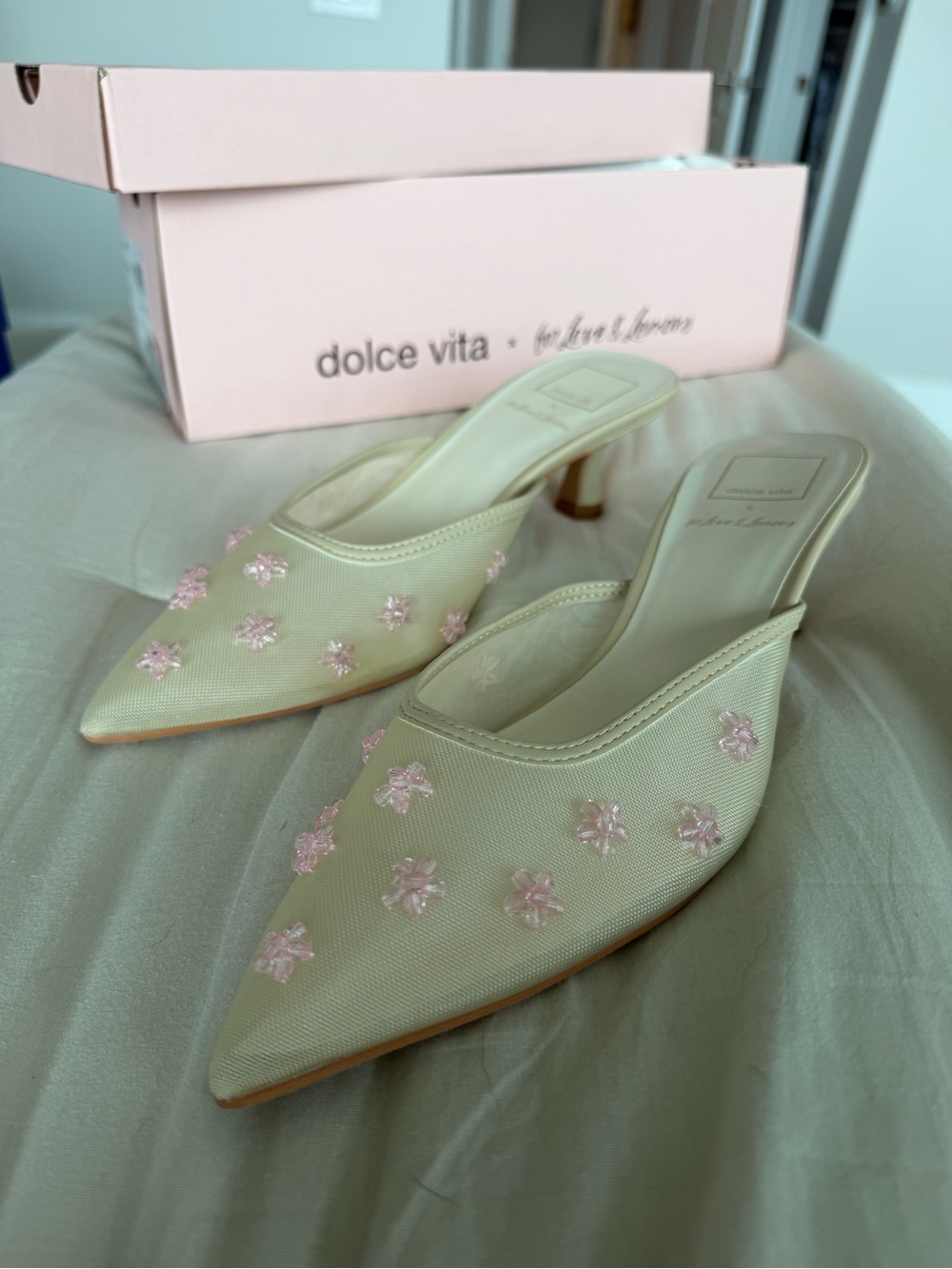 Dolce Vita Cream Pointed Toe Mules with Pink Floral Embroidery
